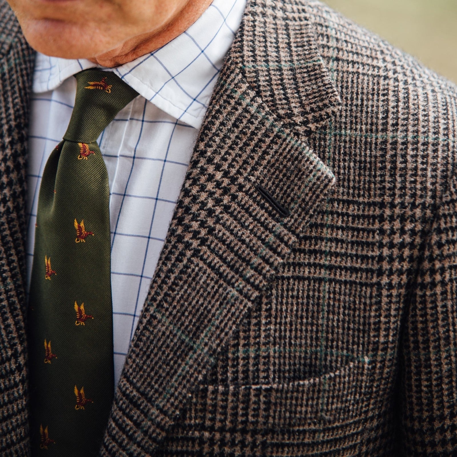 TD35 : Madgwick Brown Prince of Wales Check Tweed with Green Deco